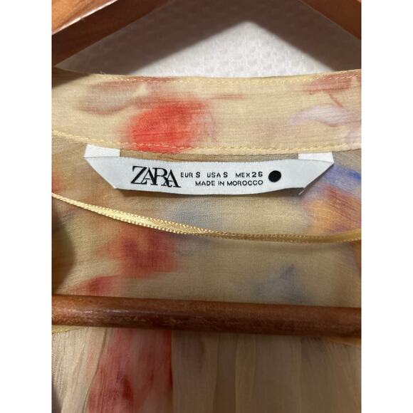 Zara Woman's Small Sheer Floral Blouse Yellow Multicolor Button Front Boho Top - Picture 5 of 8